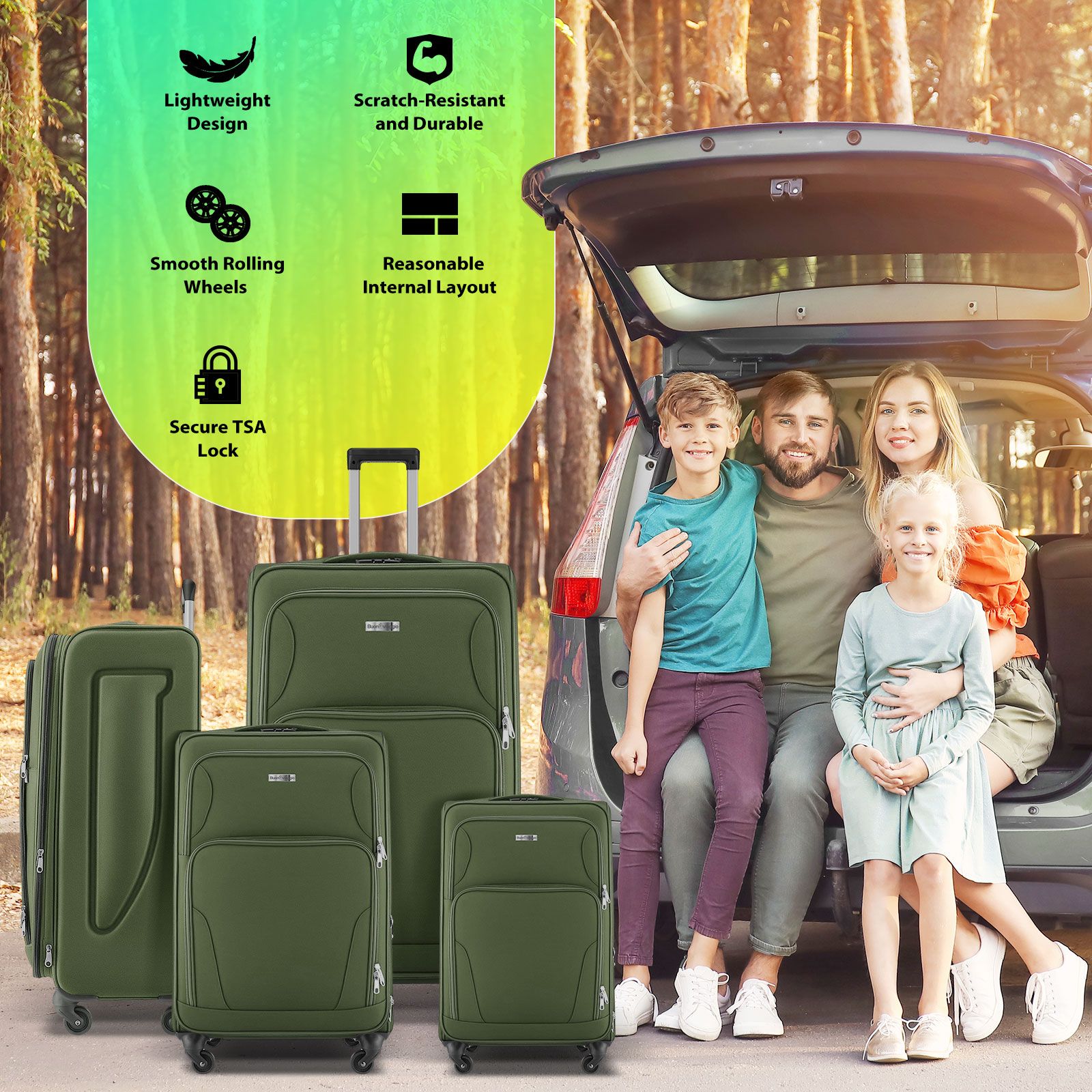 Luggage Suitcases Set 4 Piece Carry On Travel Case Soft Sided Cabin Checked Travelling Bags TSA Lock Rolling Trolley Expandable Traveller Hand Baggage