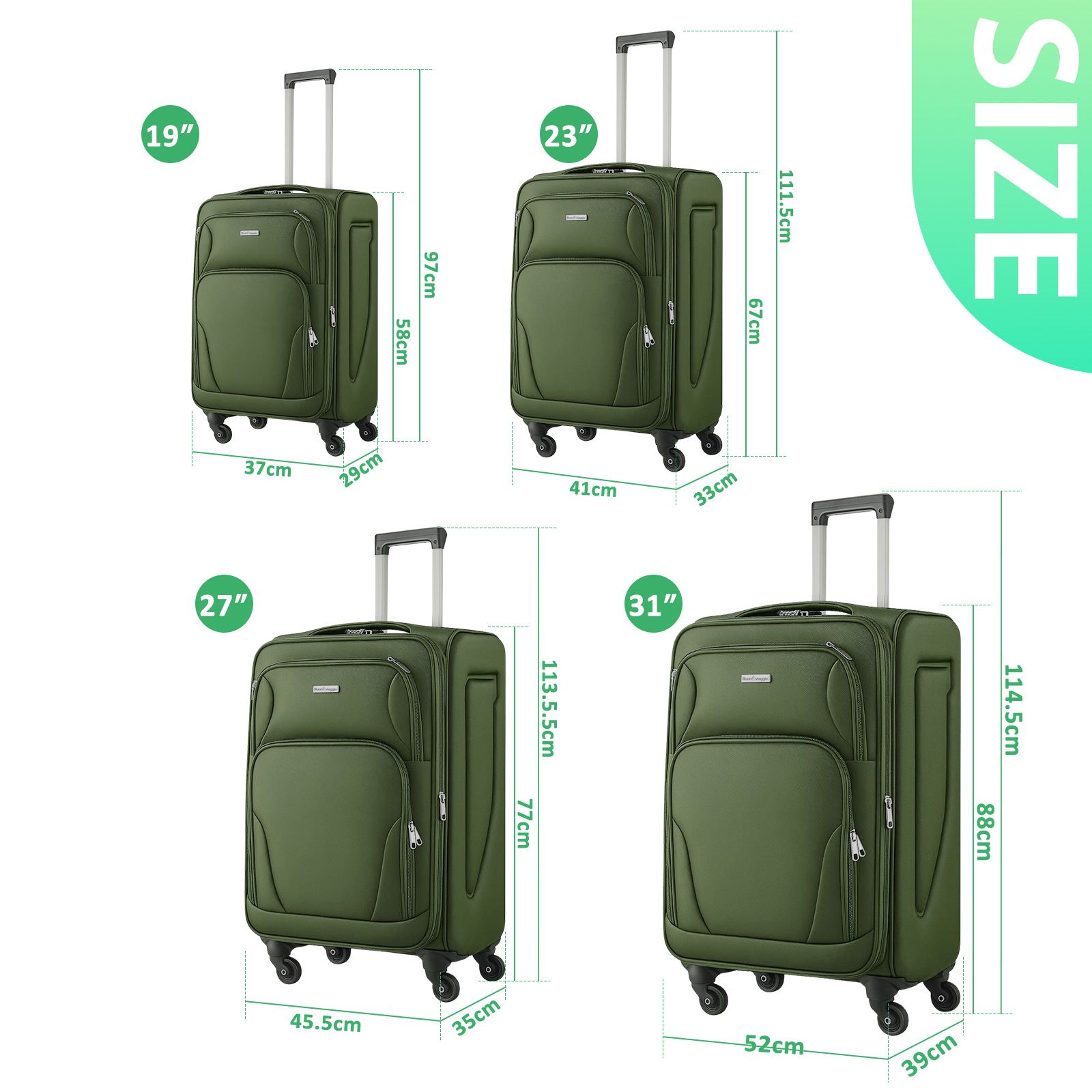 Luggage Suitcases Set 4 Piece Carry On Travel Case Soft Sided Cabin Checked Travelling Bags TSA Lock Rolling Trolley Expandable Traveller Hand Baggage