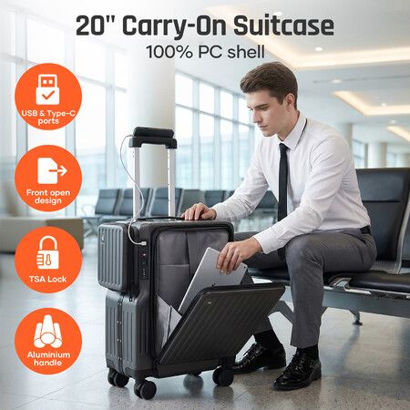 20” Carry On Cabin Travel Luggage PC Hard Shell Suitcase Front Side Open Pocket USB Type-C Charging Port TSA Lock Wheels Lightweight Trolley Case