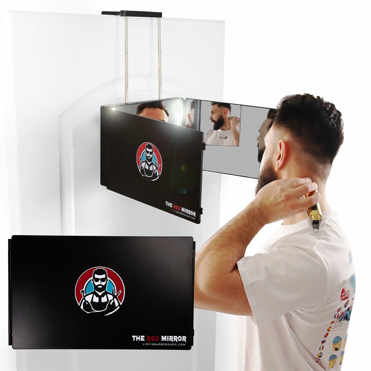 360 Degree Trifold 3 Way Mirror with LED Lights, Adjustable Hanging Barber Mirror for Self Hair Cutting, DIY Haircut & Braiding Tool for Men Women
