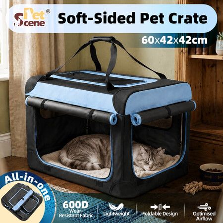 Pet Scene Soft Sided Dog Crate Kennel Foldable Portable Cat Travel Cage Puppy Kitten Carrier Waterproof Oxford Carry Bag Cushion 60x42cm Metal Frame