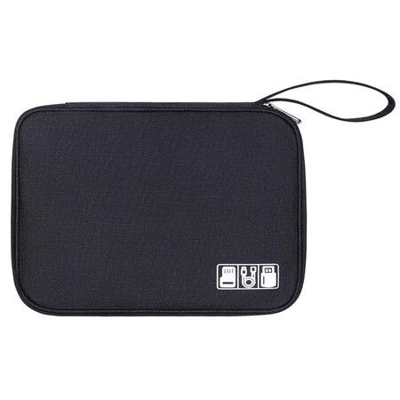 Black Electronics Travel Organizer Bag 24x17x3cm Lightweight Cable Organiser Case Shockproof Water Resistant Oxford Polyester Gadget Pouch