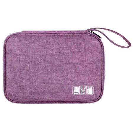 Purple Electronics Travel Organizer Bag 24x17x3cm Lightweight Cable Organiser Case Shockproof Water Resistant Oxford Polyester Gadget Pouch