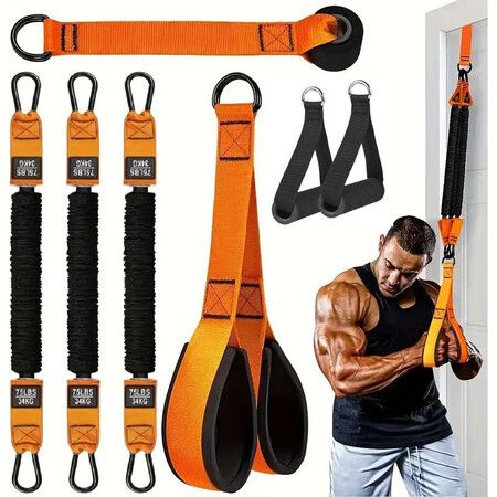 Orange Resistance Training Set 3 Tubes Handles Home Fitness Equipment Triceps Rope Door Anchor Knee Pad for Abs Waist Arms Core Legs Pilates