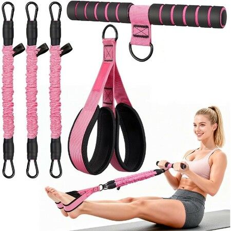 3-Tube 55lbs Adjustable Pedal Resistance Bands, Soft Non-Slip Foot Pedal Elastic Workout Bands Full Body Home Workout Fitness Training Gear, Pink