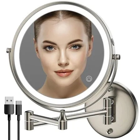 Chrome Wall Mount LED Makeup Mirror Rechargeable, 8"Double Sided 1X/10X Magnification, 3 Color Dimmable Touch Lights 360° Swivel 13" Extend Arm, Nickel