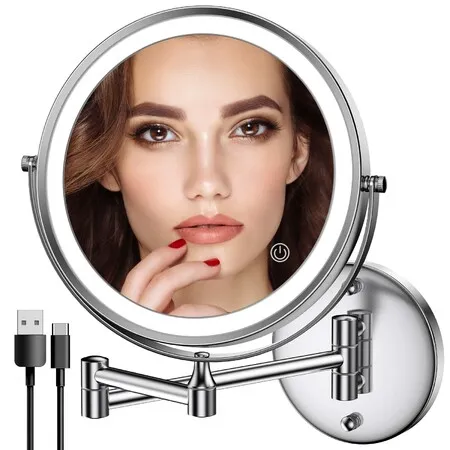 Chrome Wall Mount LED Makeup Mirror Rechargeable, 8"Double Sided 1X/10X Magnification, 3 Color Dimmable Touch Lights 360° Swivel 13" Extend Arm, Silver