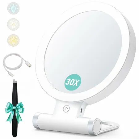 Foldable Travel Lighted Makeup Mirror, Double Sided 1X 30X Magnification with Tweezer, 3 Color Dimmable LED Modes Rechargeable