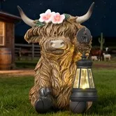 Solar Highland Cow Garden Outdoor Statue, Cow Figurines Sculpture with LED Light, Farmhouse Decor, Patio Balcony Yard for Pasture and Farm