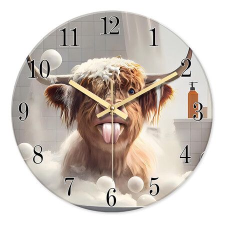 Rustic Brown Glass Wall Clocks Battery Operated 12 Inch Highland Cow Clock for Bathroom Bedroom Living Room Funny Round Analog Wall Clock Silent