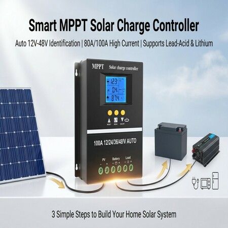100A MPPT Solar Charge Controller Auto 12V 24V 36V 48V Display Solar Power Battery Charger with Dual USB for RV Camping Boat Off Grid System