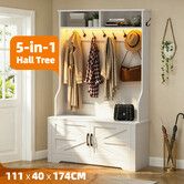 5IN1 Coat Rack Shoe Cabinet LED Hall Tree Unit Entryway Storage Bench Clothes Hat Hanger Shelves Cupboard Hallway Entrance Furniture 111x40x174cm
