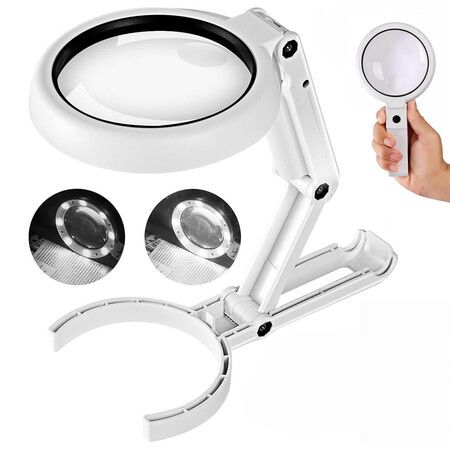 Rechargeable Magnifying Glass with Light and Stand, Foldable Handheld Magnifying Glass 2 Level Dimmable Large Magnifier for Seniors Reading