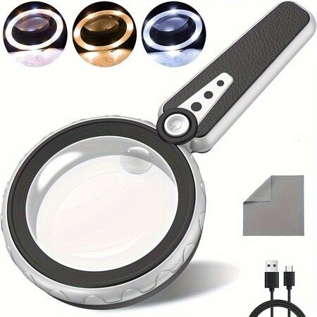 10X Magnifying Glass with Light, Rechargeable Magnifier for Reading Dual Acrylic Lenses with Adjustable Brightness