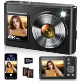 8K Digital Camera,96MP WiFi Cameras with Dual Screen,16X Zoom,Autofocus,Anti-Shake, Compact Travel Vlogging Point Shoot Camera,2 Batteries,32GB Card