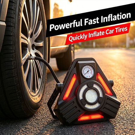 Portable Multifunctional Tire Inflator, Intelligent Air Pump with Triangular LED Warning Lights & Emergency Work Lights, Outdoor Tool for Workshop & Garden