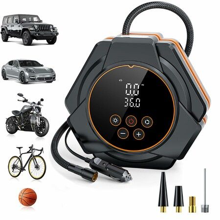 12V DC Portable Tire Inflator Air Compressor, 150 PSI Dual Digital Display, Auto Shut-Off LED Light, 4X Faster Inflation for Car Motorcycle Bicycle Balls