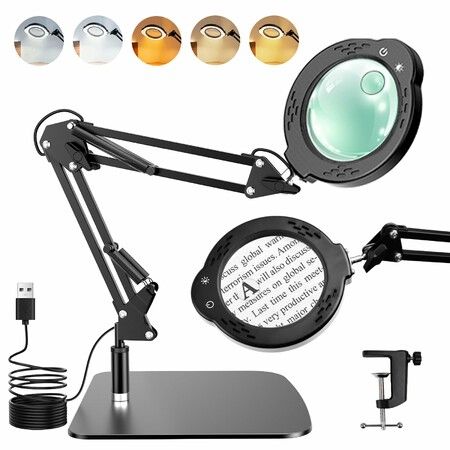 10X 30X LED Magnifying Lamp with Stand, Real Glass Lens, 5 Color Modes 3 Brightness, Hands-Free Magnifier for Reading Crafts Electronics & Jewelry