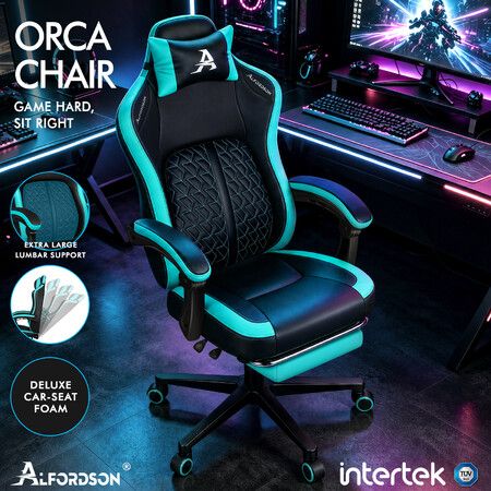 ALFORDSON Gaming Office Chair Ergonomic Computer Footrest Leather Black & Cyan