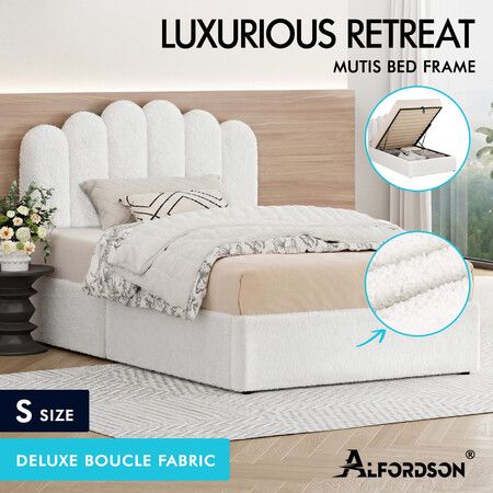 ALFORDSON Bed Frame Single Size Gas Lift Storage Base Wooden Boucle White MUTIS