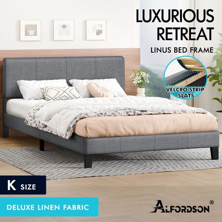 ALFORDSON Bed Frame Single Size Upholstered Wingback Base Wood Fabric Grey SARAH
