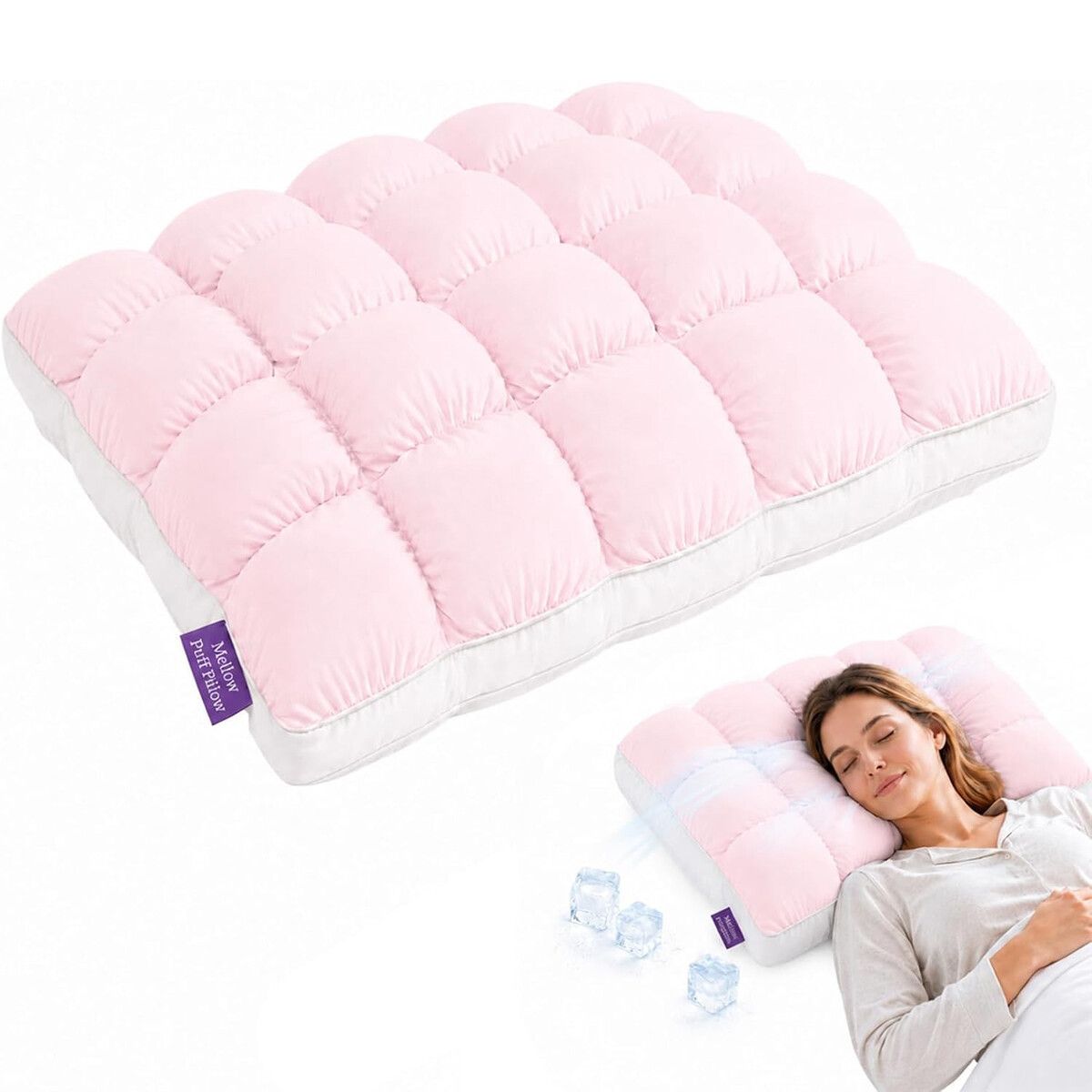 Cooling Pillow for Sleeping,Fluffy Cloud Pillow with Ice-Silk Touch,Breathable Quilted Grid Design,for Side and Back Sleepers,Machine Washable