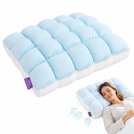 Cooling Pillow for Sleeping,Fluffy Cloud Pillow with Ice-Silk Touch,Breathable Quilted Grid Design,for Side and Back Sleepers,Machine Washable