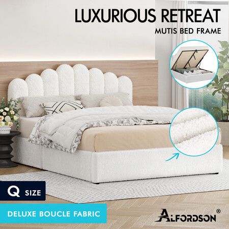 ALFORDSON Bed Frame Queen Size Gas Lift Storage Base Wooden Boucle White MUTIS