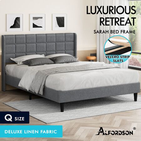 ALFORDSON Bed Frame Double Size Upholstered Wingback Base Wood Fabric Grey SARAH