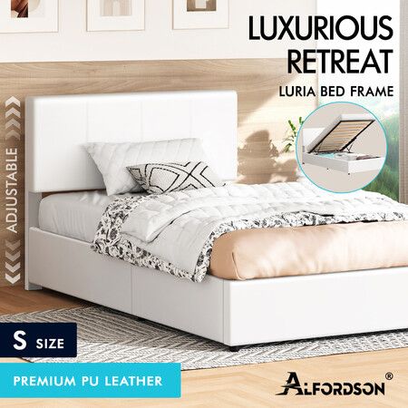 ALFORDSON Bed Frame Single Gas Lift Storage Adjustable Headboard White LURIA