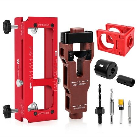ALL-IN-ONE Aluminum Door Hinge & Lock Latch Jig, 2.5"–5" Square /1/4"/5/8" Radius Router Template, Mortising & Door Hole Drilling Tool