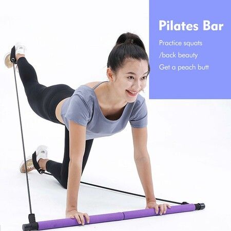 Pilates Bar Kit With Resistance Bands Portable Full Body Workout Equipment Foot Loops Leg Stretcher Yoga Strength Training Women Men Color Purple