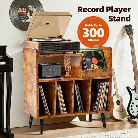 Record Player Stand Turntable Storage Cabinet 300+ Vinyl Albums Holder Mid-Century Media Console Table Bookcase Filing Display Shelf Nightstand Brown