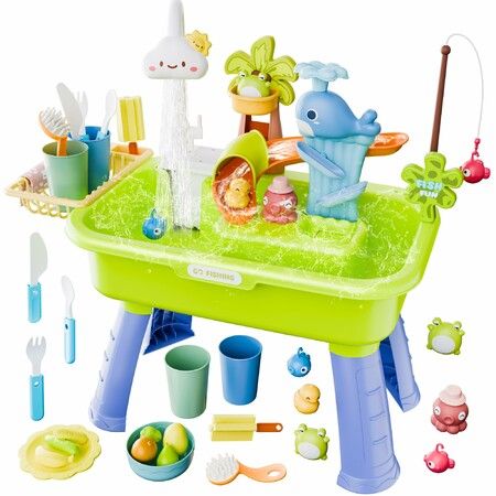 43 Pcs Kids Play Sink Water Table with Circulating Pump, Kitchen Toy with Fishing Game & Sensory Water Playset for Boys Girls