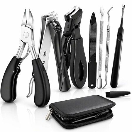 8 Pcs Long Handle Toenail Clipper Set, Heavy-Duty Wide Jaw Stainless Steel Cutters for Thick & Ingrown Toenails, Ideal for Seniors