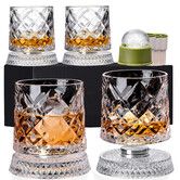 Spinning Whiskey Glasses Set of 4 With Iceball Molds,9.5oz Lead-free Rotating Old Fashioned Rocks Glasses,Gifts for Whiskey-lovers
