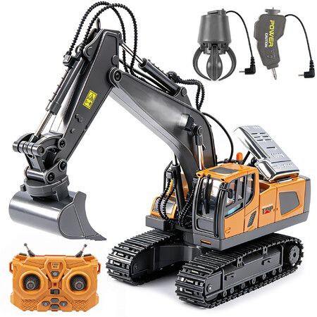 3 In 1 Remote Control Excavator Toy,Birthday Gifts for Kids Age3+,11-Ch RC Construction Vehicle with Alloy Shovel,Drill and Grapple,Digger Sandbox Toys