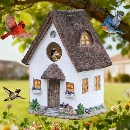 Bird Houses for Outside Rustic Cottage Birdhouse with Thatch Roof Hand-Painted Resin Birdhouses for Outdoors