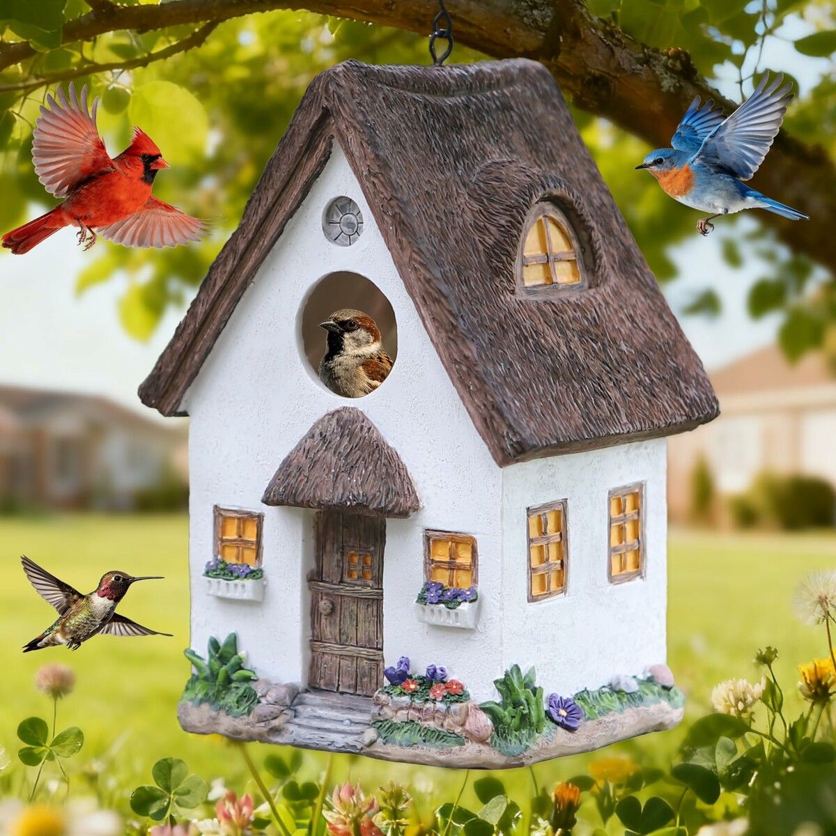 Bird Houses for Outside Rustic Cottage Birdhouse with Thatch Roof Hand-Painted Resin Birdhouses for Outdoors