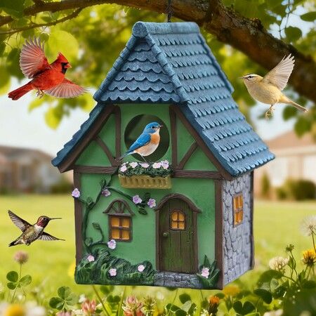 Bird Houses for Outside Cottage Garden Birdhouse Green Resin Birdhouses for Outdoors with Flower and Stone Details