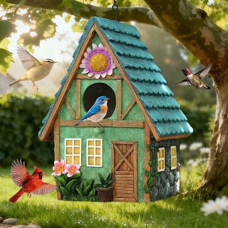 Bird Houses for Outside Cottage-Style Hanging Birdhouse with Flower Accents Hand-Painted Resin Decorative Birdhouses