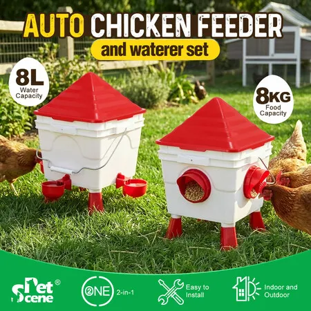 Chicken Bird Feeder Water Dispenser 8kg 8L Automatic Waterer Poultry Food Drinker Auto Chook Chick Hen Duck Drinking Cups Gravity Fed Feeding Plastic