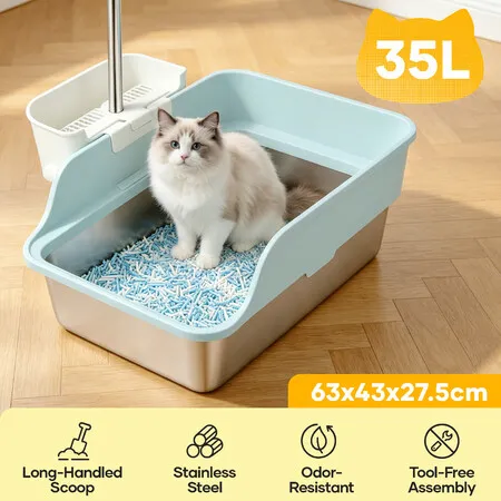 Stainless Steel Cat Litter Box XL 35L Extra Large High Sided Cat Potty Tray Long Handled Scoop Metal Pet Kitty Toilet Enclosure Open Top Pan Pet Scene