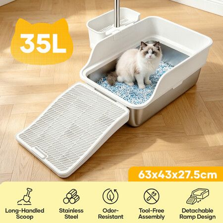 Extra Large Stainless Steel Cat Litter Box 35L High Sided Enclosure Tray Metal Pet Kitty Toilet Pan Detachable Ramp 120cm Long Handle Easy Clean Scoop