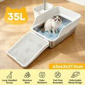 Extra Large Stainless Steel Cat Litter Box 35L High Sided Enclosure Tray Metal Pet Kitty Toilet Pan Detachable Ramp 120cm Long Handle Easy Clean Scoop