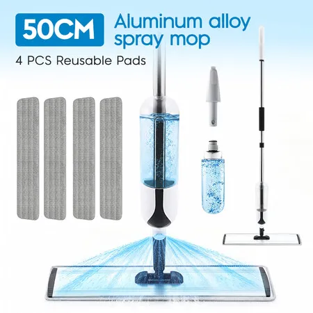 Spray Floor Mop Cleaner Wet Dry Magic 50cm Wide 360 Degree Swivel Flat Head 4 Microfiber Pads Scraper Household Bathroom Hardwood Tile Dust Cleaning
