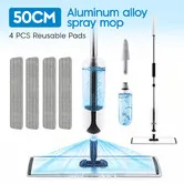 Spray Floor Mop Cleaner Wet Dry Magic 50cm Wide 360 Degree Swivel Flat Head 4 Microfiber Pads Scraper Household Bathroom Hardwood Tile Dust Cleaning