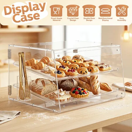 Acrylic Bakery Display Case 2 Tier Countertop Food Storage Cabinet Clear Cake Donut Pastry Bread Toy Model Showcase Stand Unit 4mm Thick Magnetic Doors