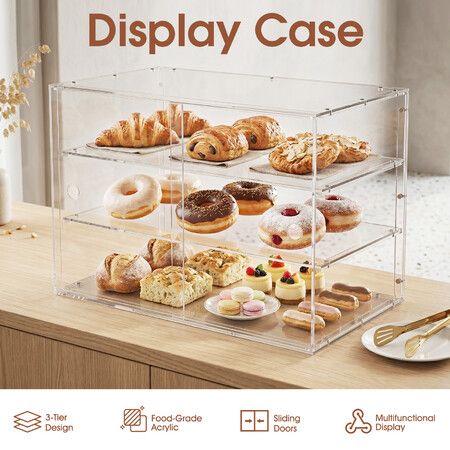 3 Tier Acrylic Bakery Display Case Countertop Food Storage Cabinet Clear Cake Donut Pastry Bread Toy Model Showcase Stand Unit 5mm Thick Sliding Doors