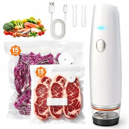 Handheld Compact Vacuum Sealer Machine, 1200mAh Rechargeable Mini Food Sealer with 30 Reusable Bags, Portable Vacuum Packer for Meal Prep & Sous Vide